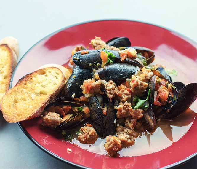 Spicy Mussels with Chorizo and Wine